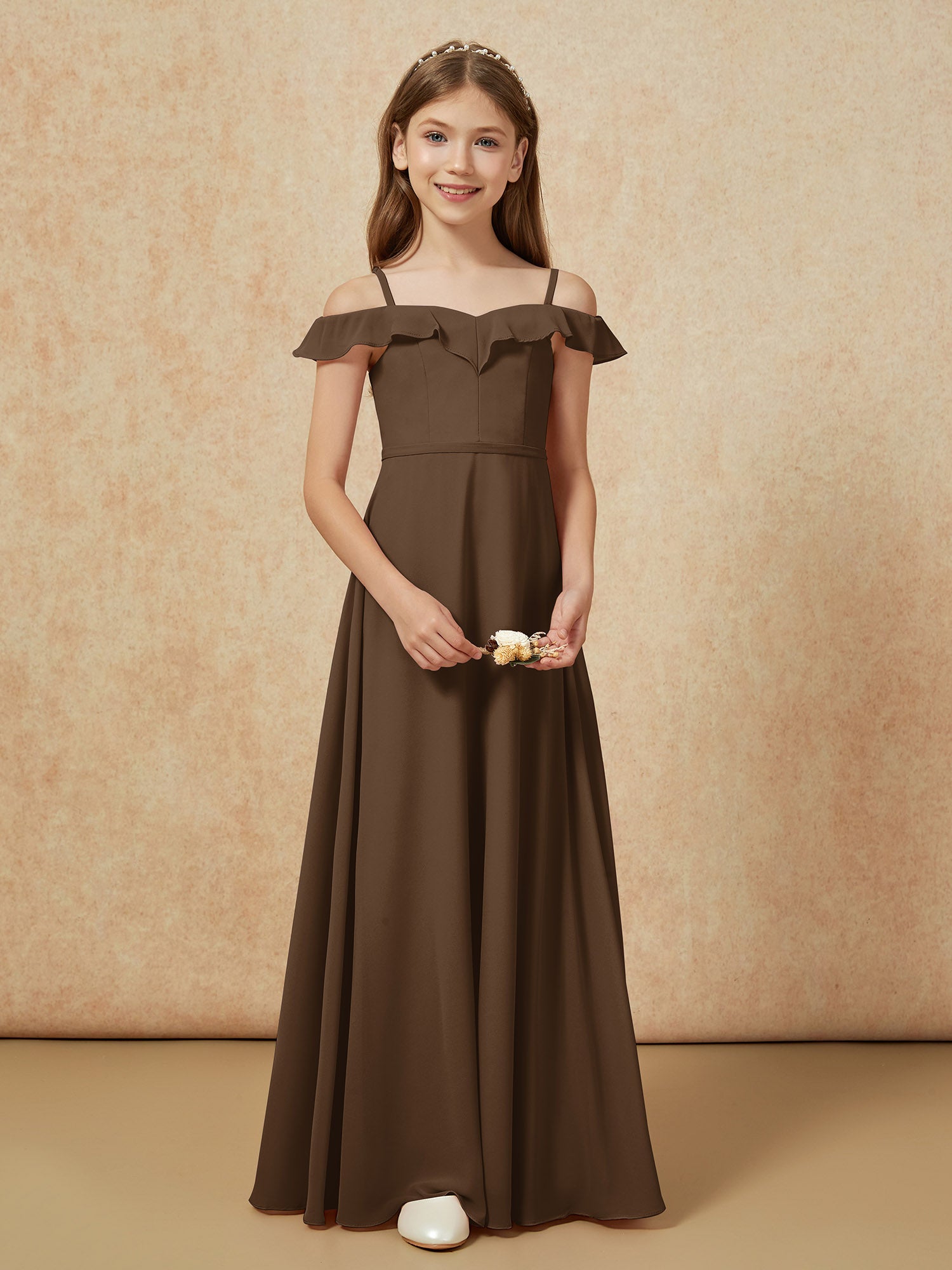 Off-the-shoulder A-Line Junior Bridesmaid Dresses Brown